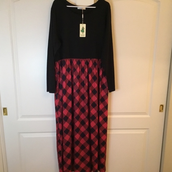 Women's Plus Size Long Sleeve Plaid Maxi Dress With Pockets - Picture 2 of 5